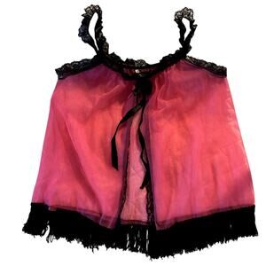 Vintage Neon Pink Tulle and Black Fringe Lace Teddy Lingerie Top Womens S